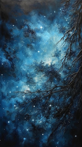 A blue sky with stars and the tree branches