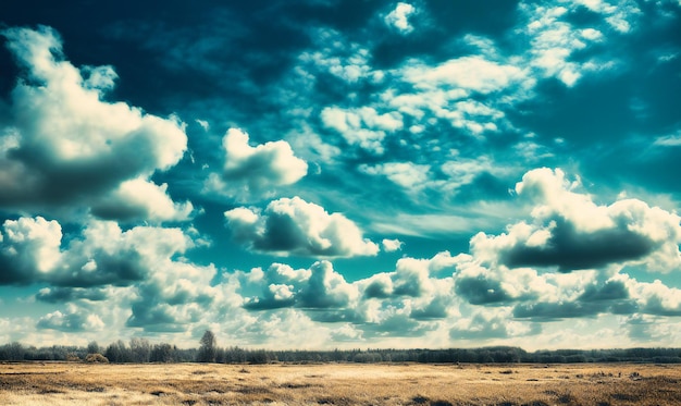 A blue sky with white clouds in a field