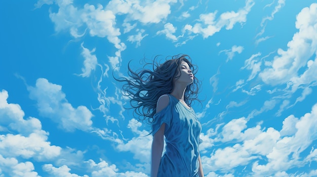 blue sky with woman illustration