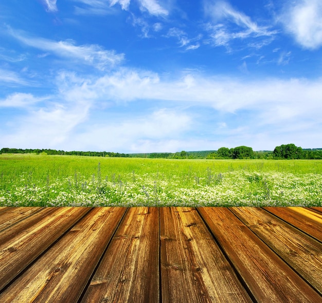 Foto fondo del pavimento di legno e del cielo blu