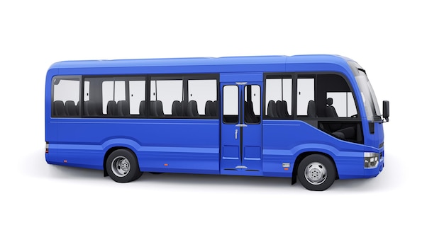 여행용 파란색 소형 버스. 디자인과 광고를 위한 빈 몸을 가진 차. 3d 그림