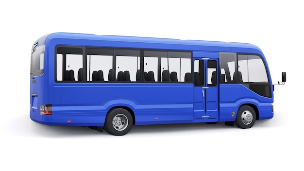 Blue small bus for travel car with empty body for design and\
advertising 3d illustration