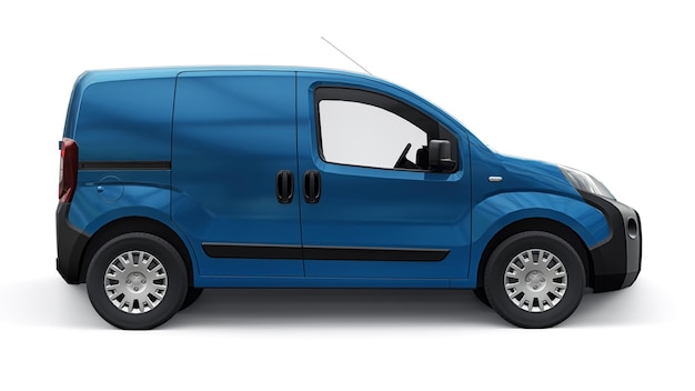 Foto blu piccolo furgone commerciale su sfondo bianco consegna tramite corriere degli ordini rendering 3d