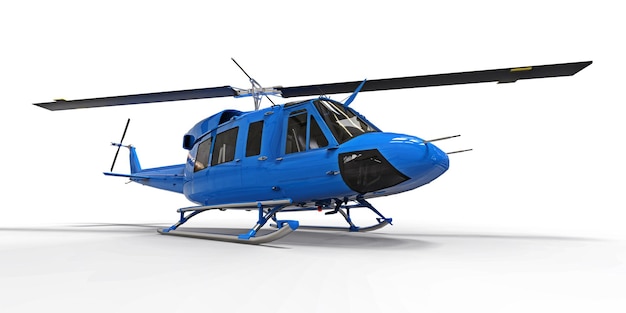 Blue small military transport helicopter on white isolated background 3d illustration