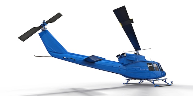 Blue small military transport helicopter on white isolated background. The helicopter rescue service. Air taxi. Helicopter for police, fire, ambulance and rescue service. 3d illustration.