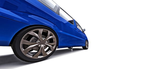 사람들의 수송을 위한 파란색 작은 미니밴. 광택 있는 회색 배경에 3차원 그림입니다. 3d 렌더링.