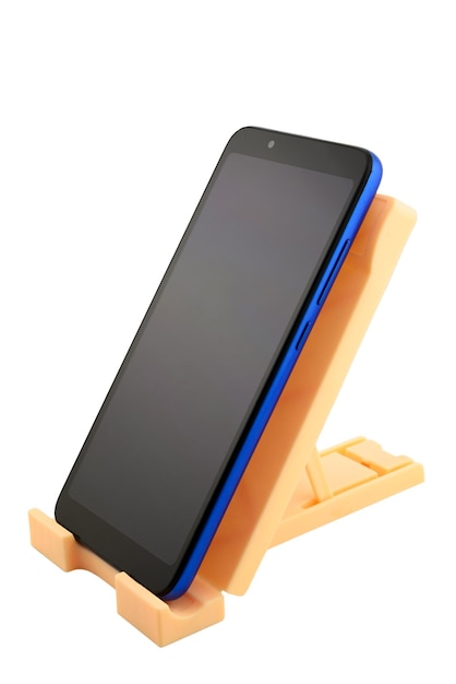 Foto smartphone blu con schermo vuoto sul supporto