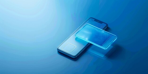 Photo blue smartphone with transparent interface overlay on digital background