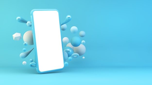 Blue smartphone with white screen surrounded by geometrical shapes 3d rendering