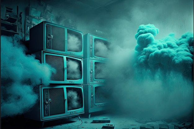 Blue smoke coming out of many old tv sets on shelves created with generative ai