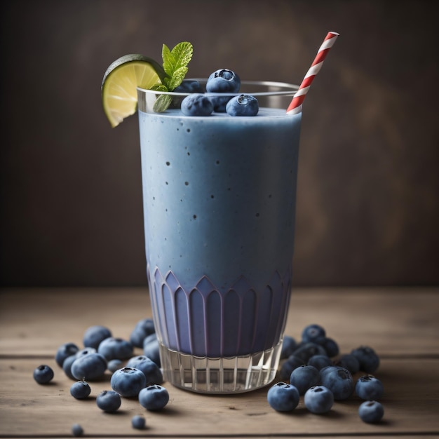 Photo a blue smoothie with a red and white striped straw sits on a wooden table.