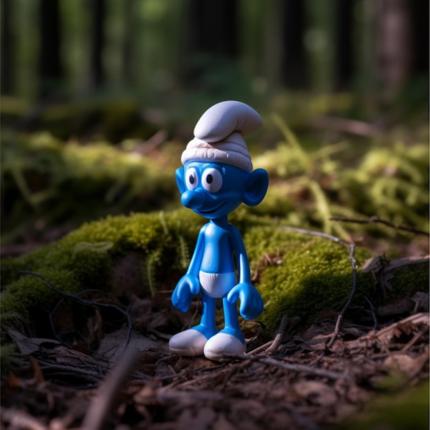 Голубая фигура смурфа стоит в лесу