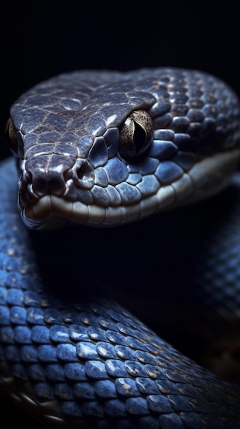 Синяя змея с черной головой и голубыми глазами