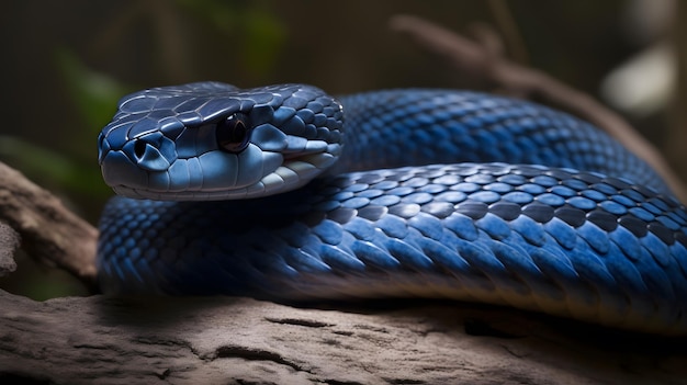 A blue snake with a black head sits on a rock.