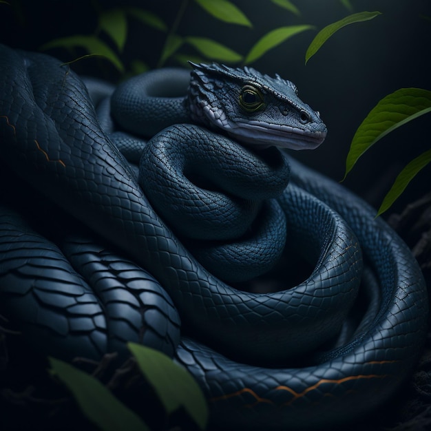 A blue snake with a black snake on its head