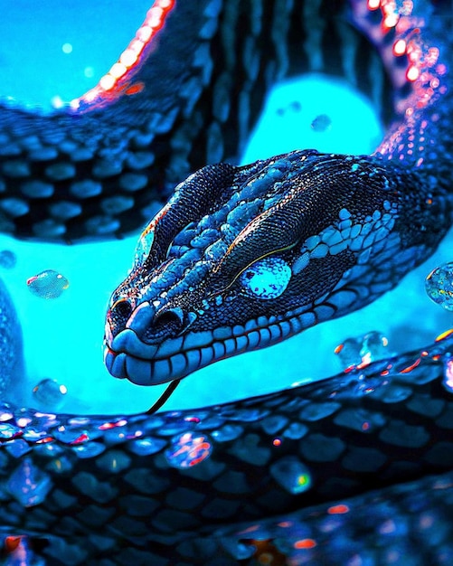 A blue snake with blue eyes and a blue ring around its eye