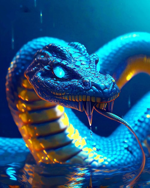 A blue snake with a yellow eye and a blue snake with a long tongue