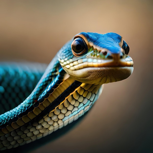 A blue snake with a yellow eye and a brown background.