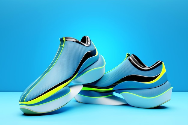 Sneakers blu sulla suola il concetto di sneakers alla moda luminose rendering 3d