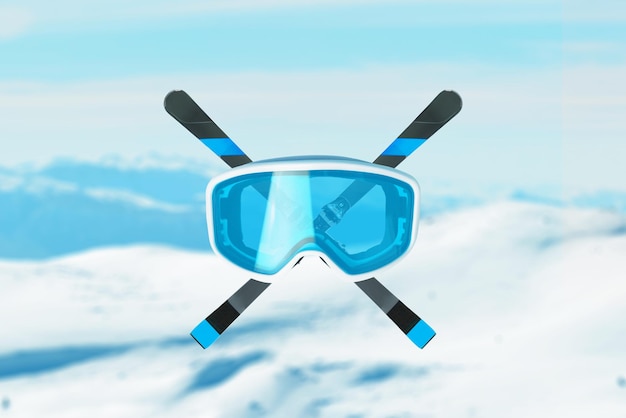 푸른 눈 고글과 스키를 배경으로 산 봉우리를 넘어