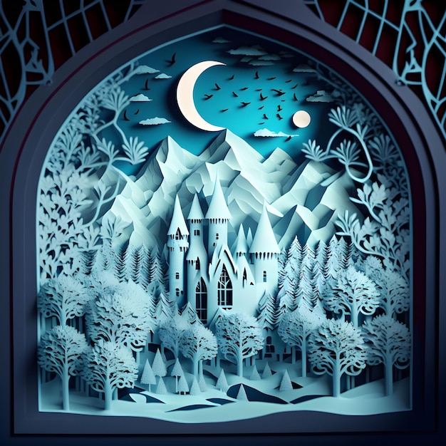 Blue Snow Night Papercut Castle Forest Generative AI Paper Style Building Architecture Polygonal Art Seasonal Diorama