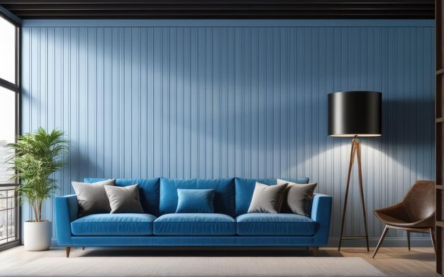 壁のパネリングに合わせた青いソファー 現代的なリビングのミニマリストのロフトホームインテリアデザイン