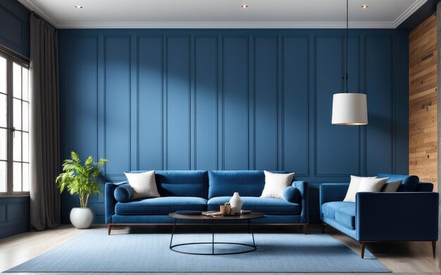Blue sofa against paneling wall Minimalist loft home interior design of modern living room
