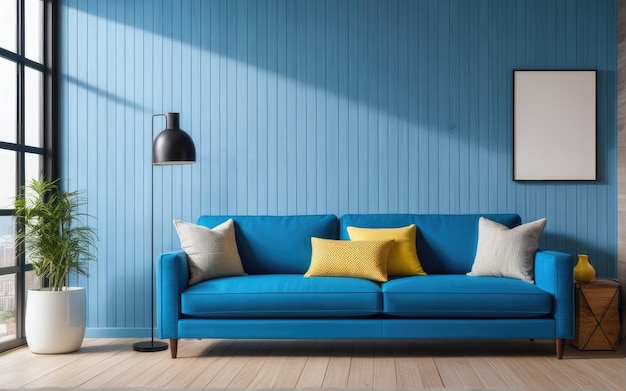 Blue sofa against paneling wall Minimalist loft home interior design of modern living room