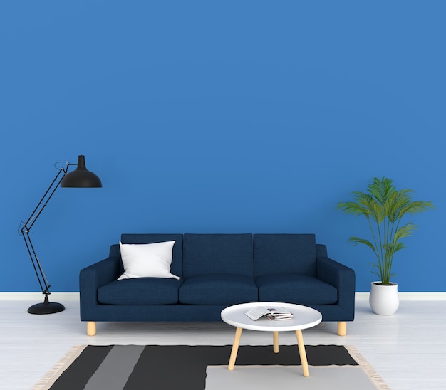 Blue sofa and lamp in living room