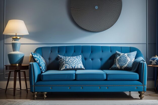 Blue sofa and lamp in living room