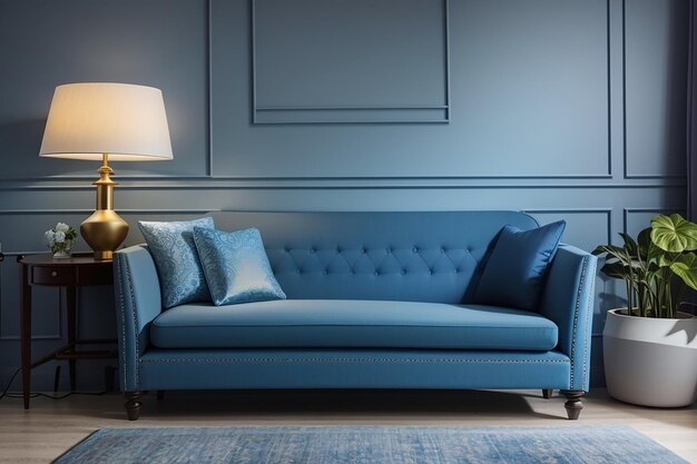 Голубой диван и лампа в гостиной
