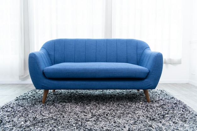 the blue sofa in the living room has a beautiful morning