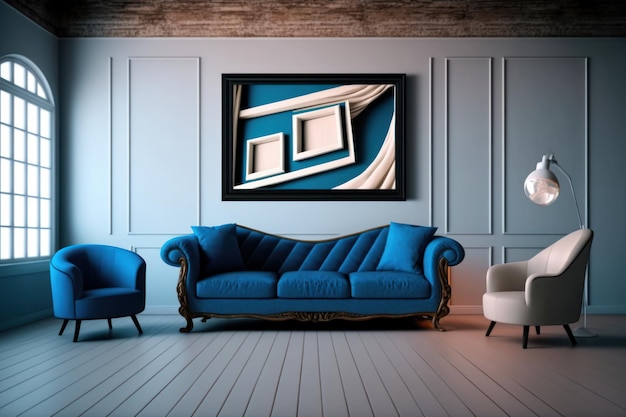 A blue sofa in a living room with a blue sofa and a painting on the wall.