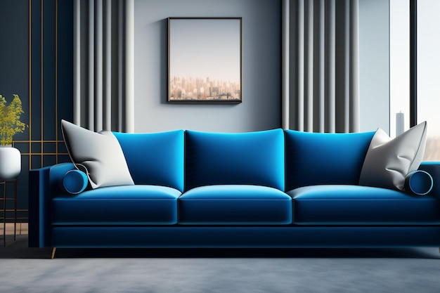 A blue sofa in a living room with a picture of a cityscape on the wall.