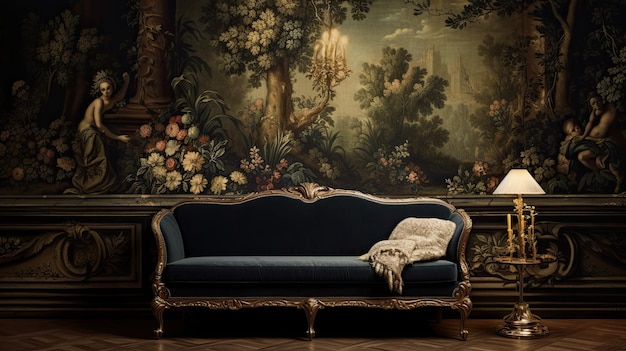 A blue sofa in a room with a large painting on the wall.