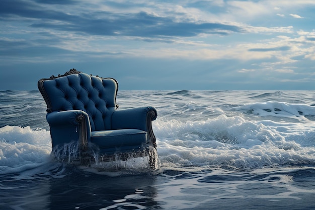 Blue sofa in the sea with stormy waves Ai Generated