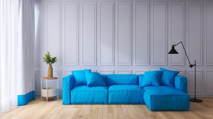 Blue sofa side table floor lamp and white background interior design 3D rendering