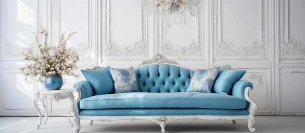 ベネチア様式の白いインテリアの青いソファ