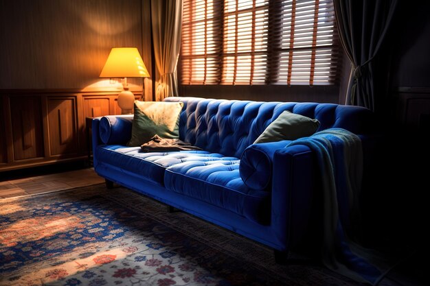 Photo blue sofa and wicker carpetgenerative ai