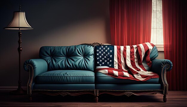 a blue sofa with an american flag on it