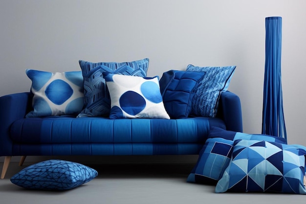 Photo a blue sofa with a blue and white pattern