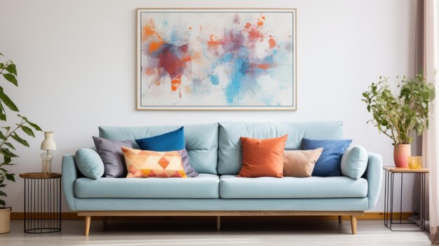 Blue sofa with colorful pillows against white wall with art posters frames