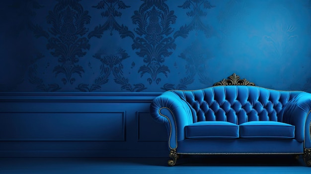 A blue sofa with a floral pattern on the wallpaper