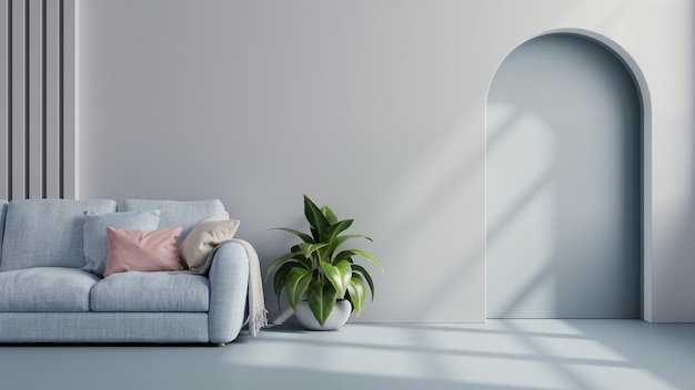 Blue sofa with plant on white wall and blue flooring