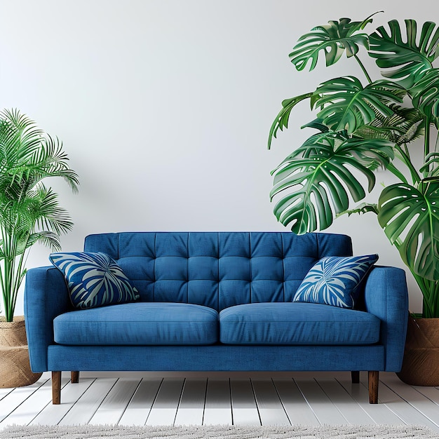 Photo a blue sofa with potted plants on a white wall