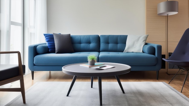 A blue sofa with a round coffee table in a living room.