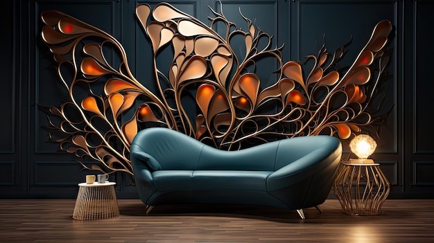 a blue sofa with a tree design on the back.