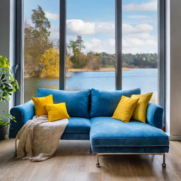 Divano blu con cuscini gialli e coperta contro finestra dal pavimento al  soffitto con vista sul lago scandinavia