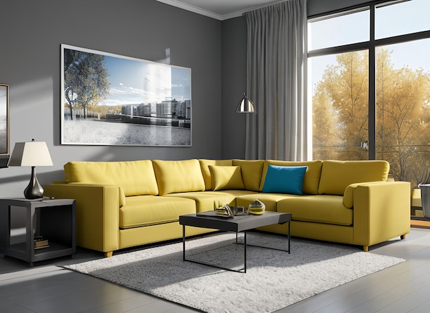 Blue sofa with yellow pillows and blanket against floor to ceiling window with lake view