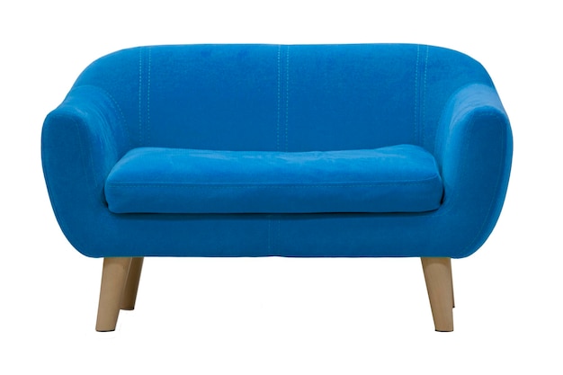 Blue sofa on wooden legs on a white background